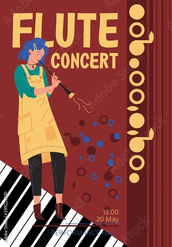 Vector cartoon flat girl character music band,jazz,rock,blues stylish banner poster web online concept.Musician plays flute instrument on abstract background-festival,concert,night club flyer
