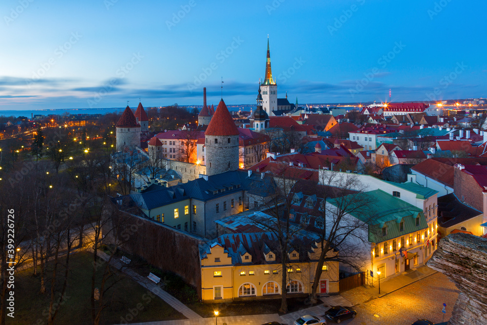 View of the old town on night. Tallinn, Estonia, Europe