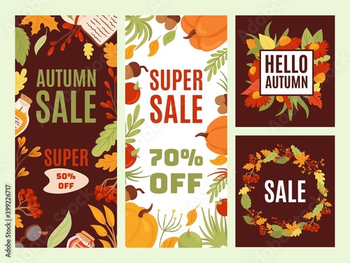Autumn card design, vector illustration. Colorful poster decorated with orang...