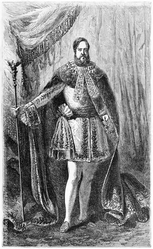 full body gorgeous dressed portrait of Pedro II of Brazil, brazilian Emperor, in solemn pose holding scepter. Ancient grey tone etching style art by Riou and Maurand, Le Tour du Monde, 1861