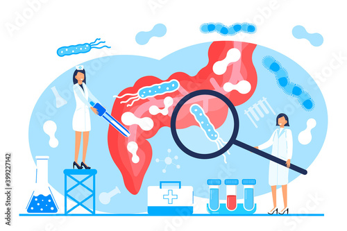 Tiny doctors give stomach probiotic bacteria, lactobacillus. Healthcare landing page, immunity support concept vector for horizontal banner, poster, flyer, website.