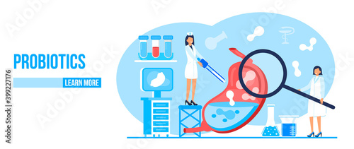 Tiny doctors give stomach probiotic bacteria, lactobacillus. Healthcare landing page, immunity support concept vector for horizontal banner, poster, flyer, website.