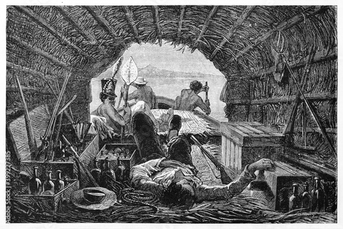 Man resting under the canopy boat on the Rio Negro, Brazil, with fire weapons, ammunitions and liquors. Ancient grey tone etching style art by Riou, Biard and Maurand, Le Tour du Monde, 1861