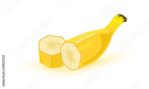 Slice of sweet exotic product, ripe pulp and peel. Vector fresh juicy banana fruit served for eating. Vegetarian nutrition, healthy food design isolated on white background