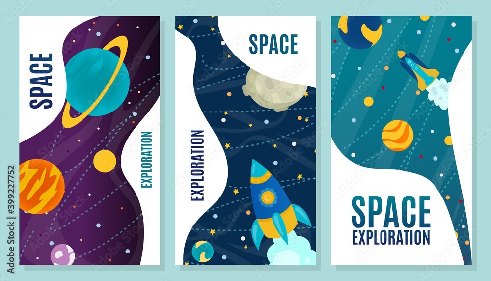 Space exploration cartoon banner, vector illustration. Flight rocket across galaxy, modern technology, exploration planet, moon, sun, travel universe. Colorful flyer starry sky, asteroid.