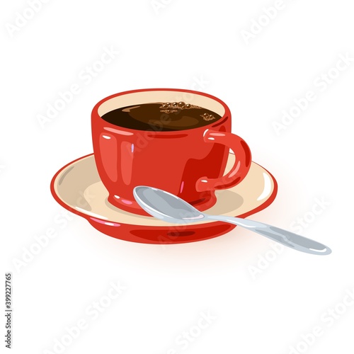 Fresh aromatic caffeine in red mug on saucer with spoon. Vector refreshing drink for breakfast, energy charge beverage, arabica robusta coffee design isolated on white background