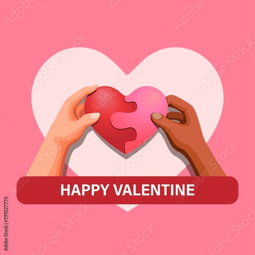 Happy Valentine. two people hand hold heart puzzle, love diversity symbol concept in cartoon illustration template vector 