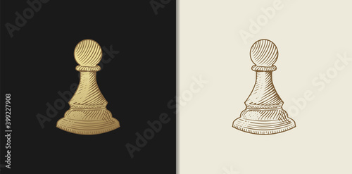 Pawn Chess in Luxury gold hand drawn engraving style. Chess piece in vintage style