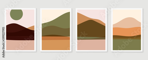 Mountain wall art vector set. Earth tones landscapes backgrounds set with moon and sun.  Abstract Plant Art design for print, cover, wallpaper, Minimal and  natural wall art. Vector illustration.