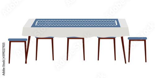 The dining room design flat vector illustration. Dining table with blue tablecloth with chairs nearby. Furniture model for the interior of a rest room. Arrangement of dark blue furniture at home