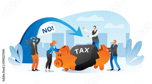 Business person with big tax finance burden concept, vector illustration. Cartoon businessman financial problem with heavy weight. Flat man woman worker crisis, broken economy, piggy bank.