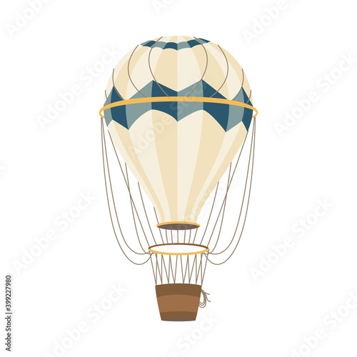 Air balloon with striped aerostat and basket flat vector illustration isolated.