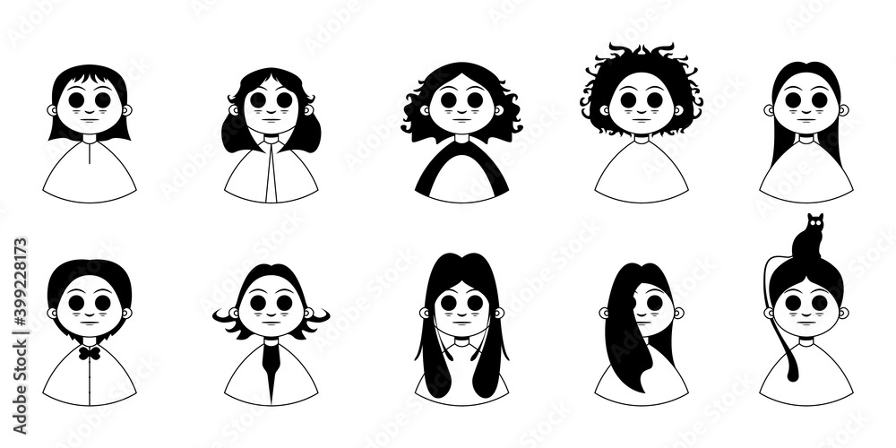 Modern female character. Set of ten black and white portraits with different hair and details. Cartoon. Vector illustration design for your project and business. Modern female character. Set of ten black and white portraits with different hair and details. Cartoon. Vector illustration design for your project and business.