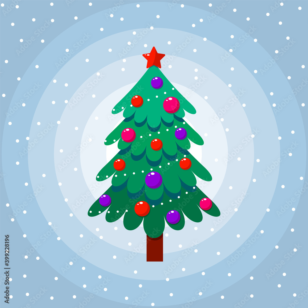 Christmas tree decorated on a blue background with snow. Vector illustration.