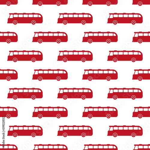 Red passenger buses isolated on white background. Side view. Monochrome transport seamless pattern. Vector flat graphic illustration. Texture.