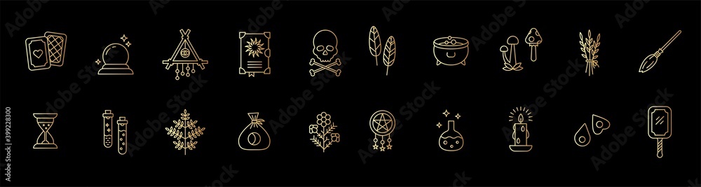 Obraz premium Witchcraft gold outline icon collection. Mystery and magic objects: tarot, magic ball, spell book, candle, hourglass, feathers, herbs, cauldron, flasks, mushrooms, broom, skull with bones, etc.