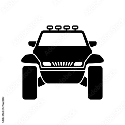 SUV icon. Sports off-road vehicle. Front view. Black silhouette. Vector flat graphic illustration. The isolated object on a white background. Isolate.