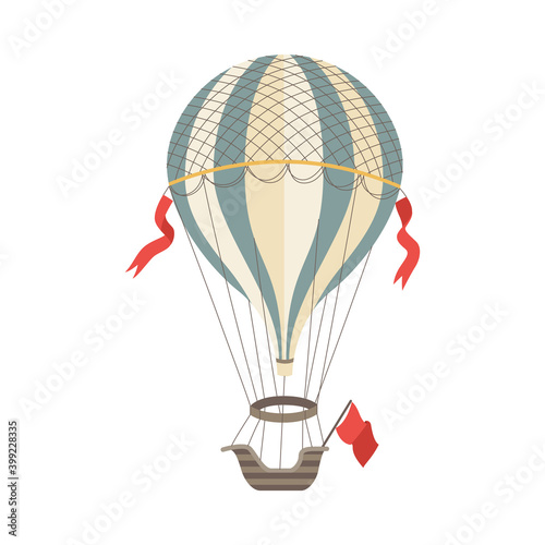 Vintage air balloon with gasbag and gondola flat vector illustration isolated.