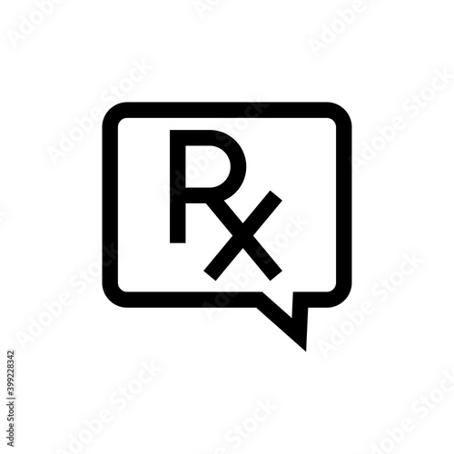 Receta de farmacia. Logotipo con texto Rx en burbuja de habla con lineas en color negro