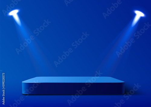 Abstract round podium illuminated with spotlight. Award ceremony concept. Stage backdrop.