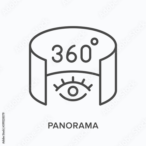 360 degree panorama flat line icon. Vector outline illustration of 3d tour. Augmented reality black thin linear pictogram