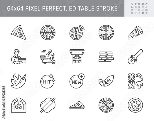 Pizza delivery line icons. Vector illustration set with icon as cheese slice, courier, box, pepperoni, vegetarian restaurant. Outline pictogram for pizzeria menu. 64x64 Pixel Perfect Editable Stroke