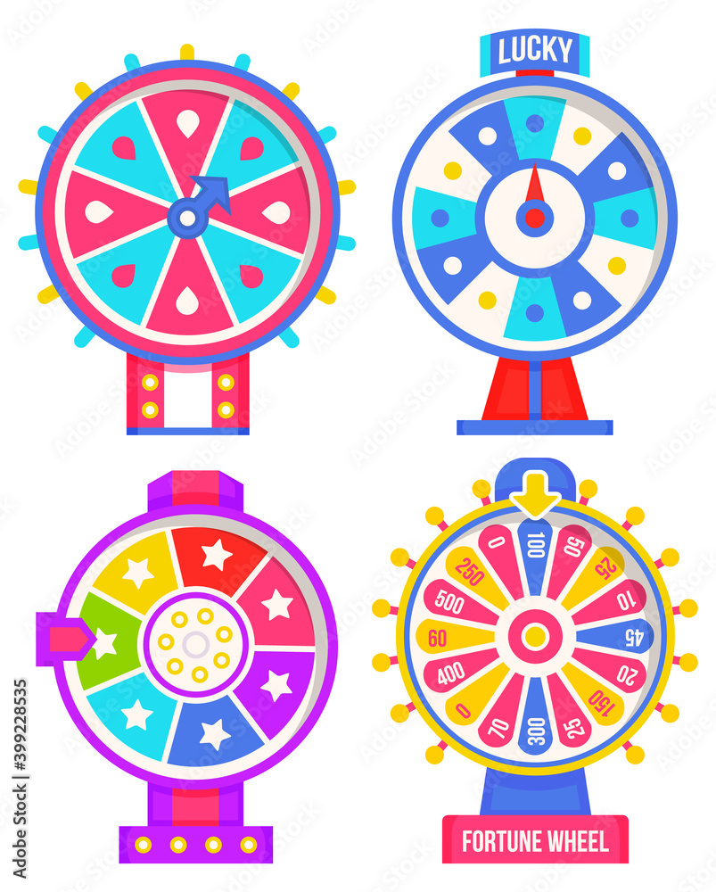 Set of fortune weels with winning numbers and multi-colored sectors, flat style illustration. Game fortune wheel concept. Casino and gambling vector. Illustration of casino fortune, wheel winner game Set of fortune weels with winning numbers and multi-colored sectors, flat style illustration. Game fortune wheel concept. Casino and gambling vector. Illustration of casino fortune, wheel winner game