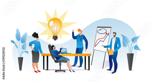 Business team creative idea concept, vector illustration. People character work at group meeting, teamwork marketing background. Businessman woman coworking communication, flat brainstorm.