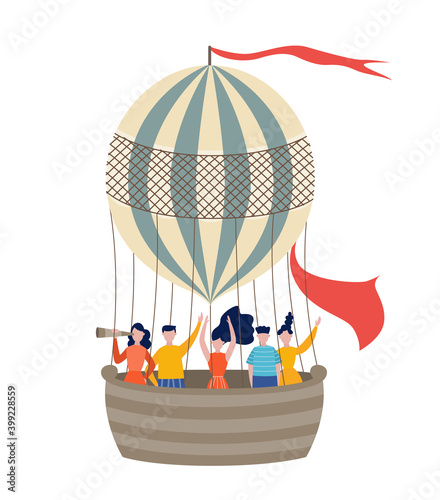 People traveling by hot air balloon flat vector illustration isolated.