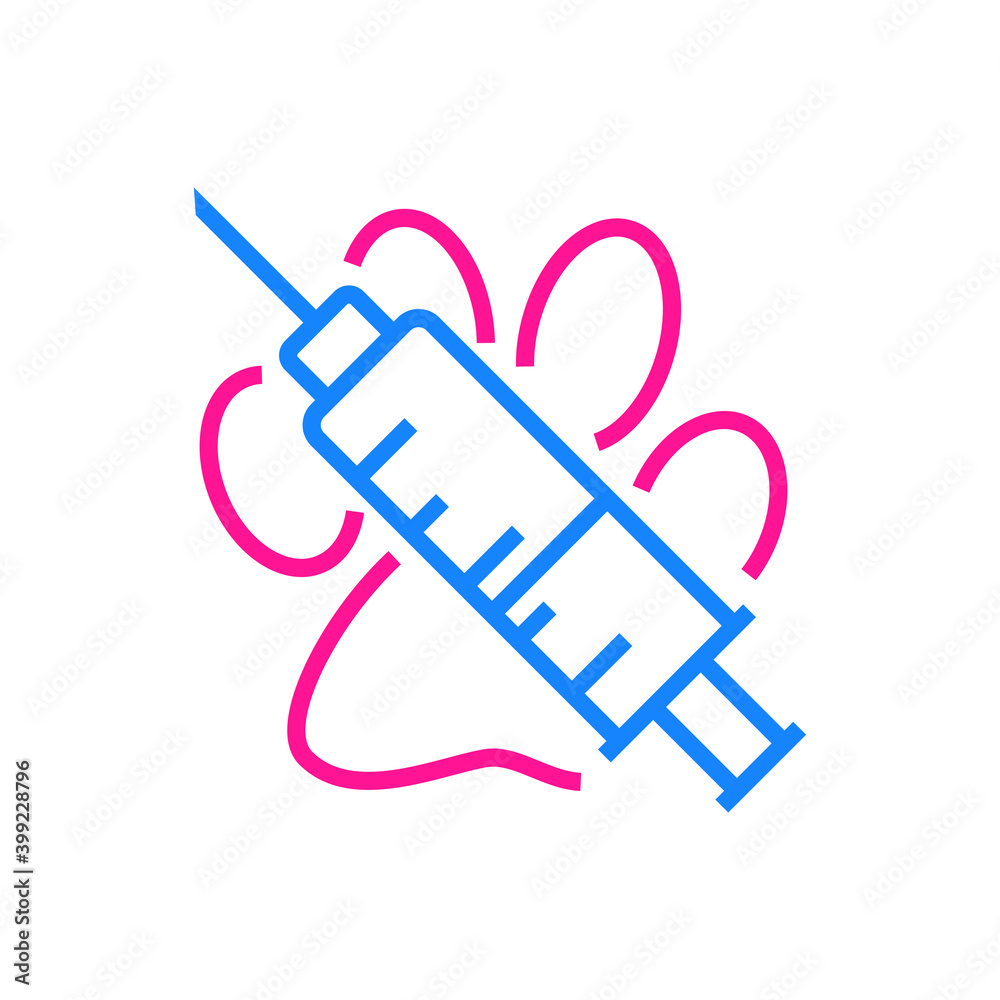 Vacuna. Asistencia sanitaria para mascotas. Logotipo zarpa de gato con jeringuilla con lineas en azul y rosa Vacuna. Asistencia sanitaria para mascotas. Logotipo zarpa de gato con jeringuilla con lineas en azul y rosa