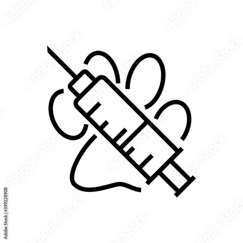 Vacuna. Asistencia sanitaria para mascotas. Logotipo zarpa de gato con jeringuilla con lineas en color negro