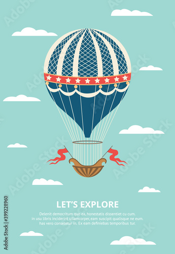 Vintage ornate and decorated hot air balloon in the sky flat vector illustration.