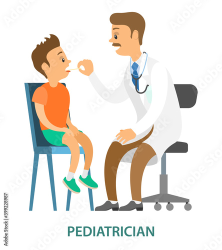 Kid on medical check-up with male pediatrician. Patient with doctor isolated on white background. Medical treatment vector illustration. Boy opens his mouth. Doctor examines throat of the patient
