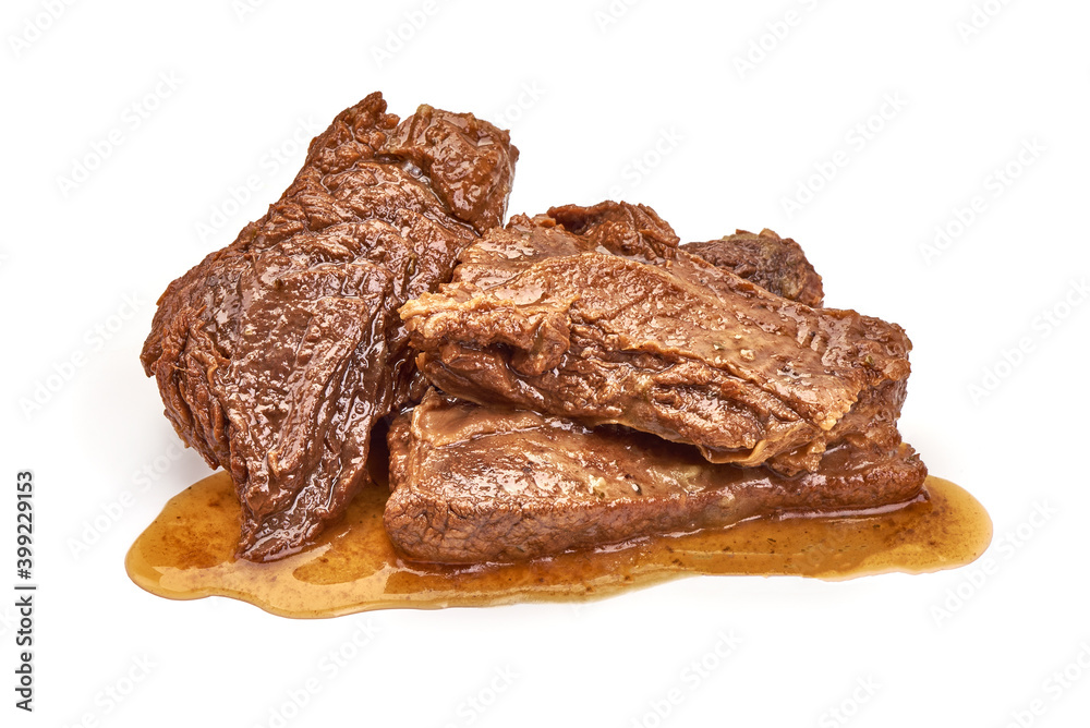 Cooked pork ribs with sauce, isolated on white background