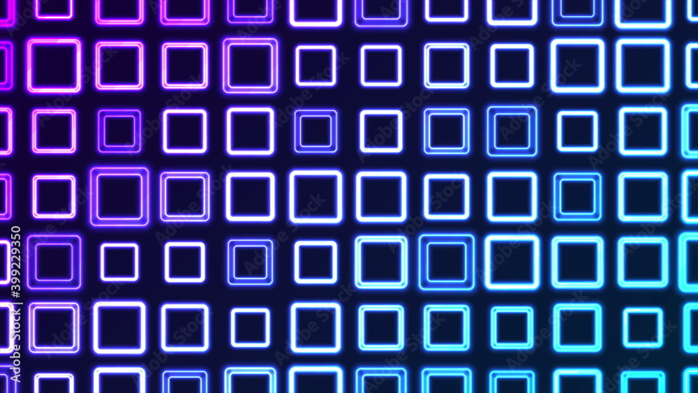 Bright flicker of neon geometric squares