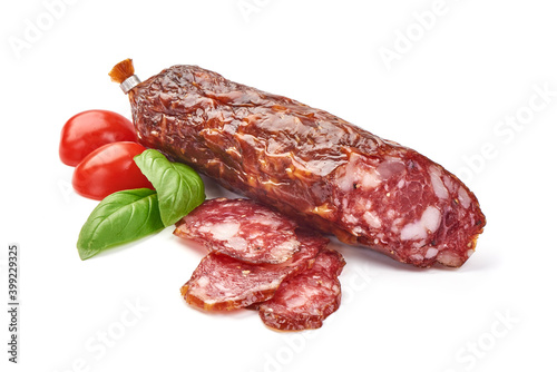 Dried sausage, close-up, isolated on white background