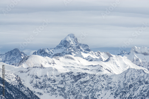 Amazing dramatic Winter View to the snow covered Mountain Hochvogel in Allgau Alps, Bavaria, Germany.