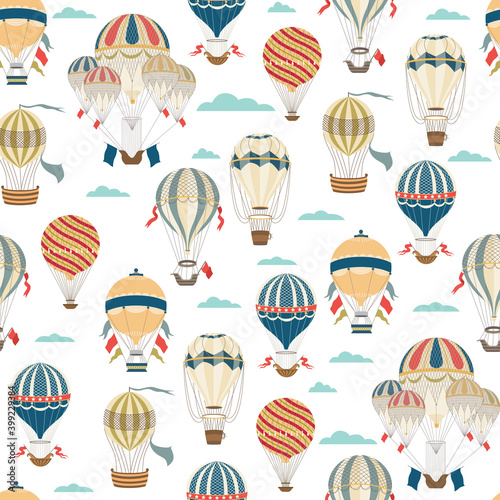 Festive hot air balloon seamless pattern. Cartoon vintage aircrafts