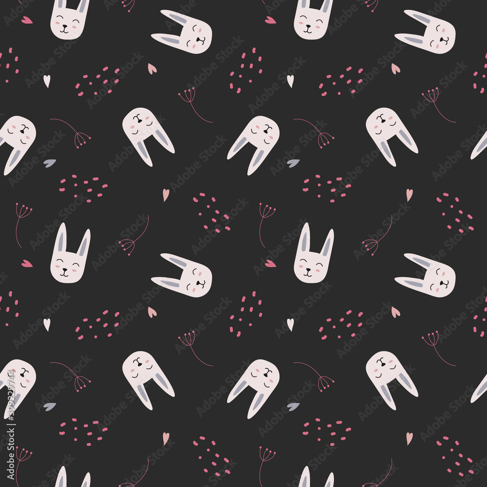 Vector seamless repeating childish pattern with cute rabbits and hearts in the Scandinavian style on a black background. Design for a children's room, printing postcards, children's clothes Vector seamless repeating childish pattern with cute rabbits and hearts in the Scandinavian style on a black background. Design for a children's room, printing postcards, children's clothes