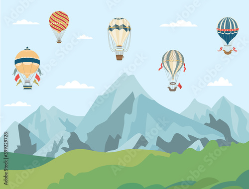 Hot air balloons flying over mountain landscape - cartoon banner