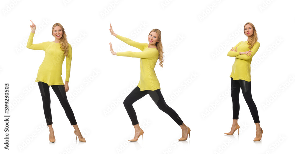 Fototapeta premium Pretty young woman in yellow blouse isolated on white