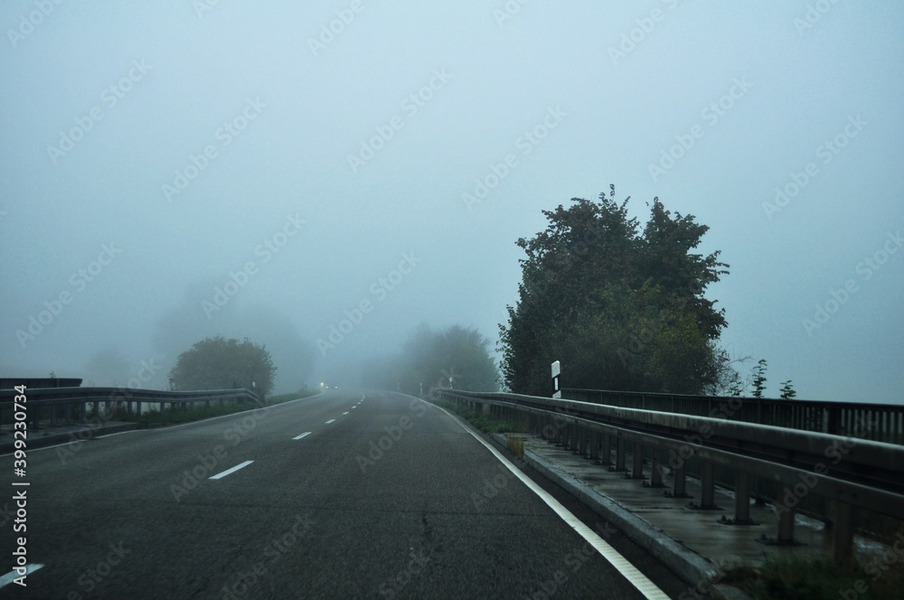 View landscape traffic road  and highway with mist in morning time for people drive ride bike go to Strasbourg capital city at Grand Est region of France near border with Germany