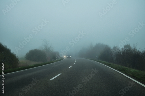 View landscape traffic road and highway with mist in morning time for people drive ride bike go to Strasbourg capital city at Grand Est region of France near border with Germany