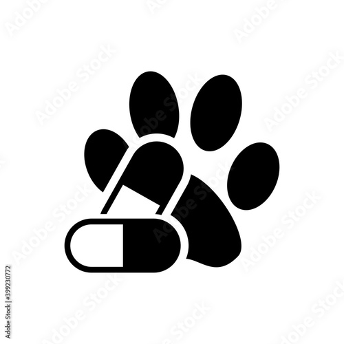 Asistencia sanitaria para mascotas. Logotipo zarpa de gato con píldora en color negro