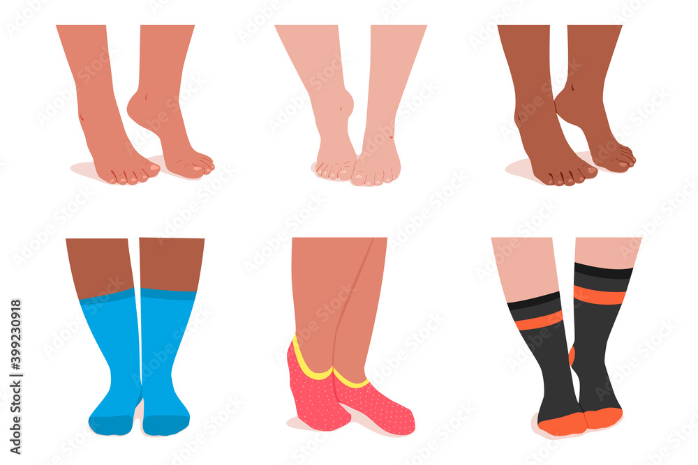 Girl feet in socks vector cartoon set isolated on a white background.