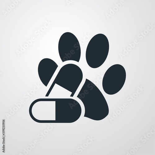 Asistencia sanitaria para mascotas. Logotipo zarpa de gato con píldora en fondo gris