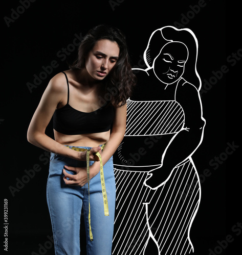 Sick woman after weight loss on dark background. Concept of anorexia