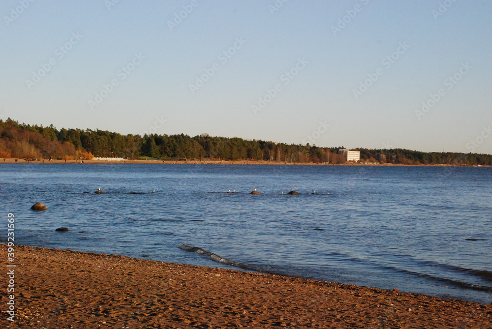 An oblique strip of sandy shore on the Gulf of Finland.
Autumn evening, the sun is approaching the horizon. The slanting rays of the sun illuminate the beach sand, turning it brown. There are small wa