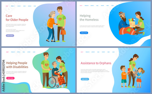 Helping people with disabilities and homeless vector, volunteers social workers caring for old lady and kids from orphan, children with toys book. Website or slider app, landing page flat style