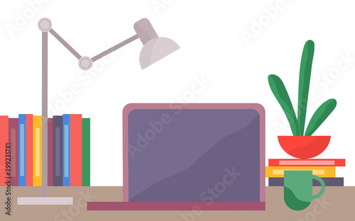 Pink laptop, green coffee pot, multi-colored documents of folder, cactus in red pot, beige work table, table lamp with movable mechanism. Workplace close up. Office furniture and electronics